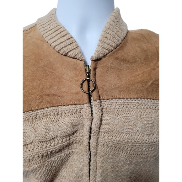 Vintage 1960's Cardigan Mens S/M Full Zip Cardigan Pockets Suede Yoke Tan Brown - Picture 3 of 12